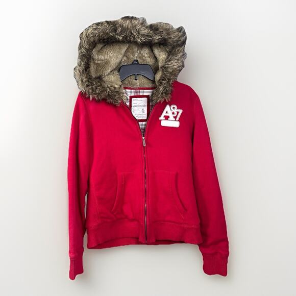 Vintage Y2K Aeropostale Faux Fur Zip Hoodie Juniors Size XL Red Jacket A87 Lined - Picture 8 of 14